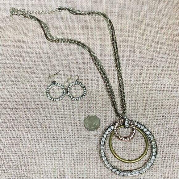 Multi Strand Mixed Metal Circles Necklace Earrings Set - Picture 1 of 4